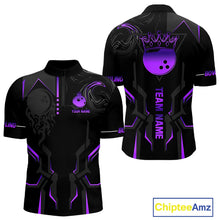 Load image into Gallery viewer, Black and Purple Bowling Polo, Quarter Zip Shirts For Men Custom Bowling Crown Team Jerseys Outfits NQS11223