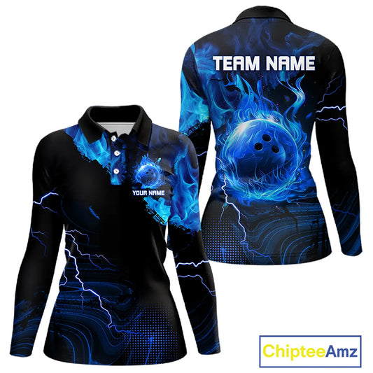 Black & Blue Flame Lightning Thunder Bowling Shirt For Women Custom Bowling Team Jersey, Bowlers Gift NQS11227