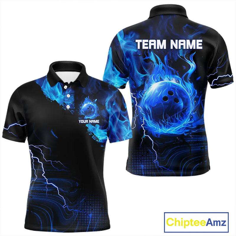 Black & Blue Flame Lightning Thunder Bowling Shirts For Men Custom Bowling Team Jersey, Bowlers Gift NQS11227