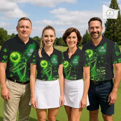 Green shamrock lightning thunder St Patrick's Day custom matching golf polo shirts for couples NQS11415