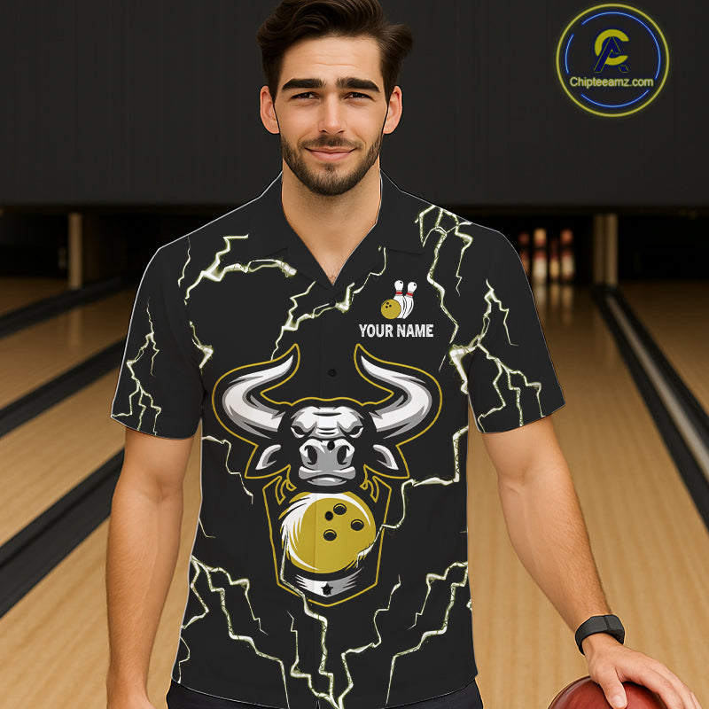 Bowling Bull Thunder Lightning Black & Yellow Button-up bowling shirts custom Bowling Team Jersey NQS11418