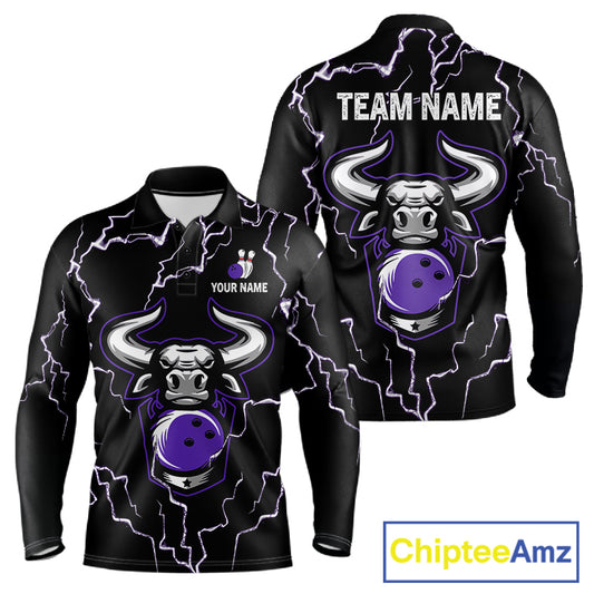 Bowling Bull Thunder Lightning Black & Purple Bowling shirt for men custom Bowling Team League Jersey NQS11419