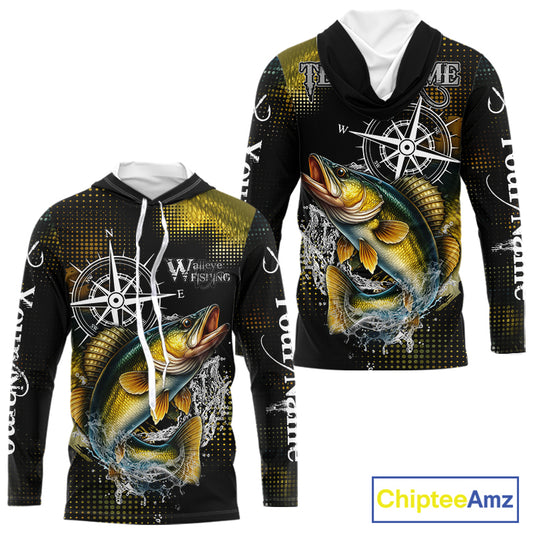 Custom Black and Yellow Walleye fishing scales compass Performance long sleeve Fishing Team Shirts NQS11726