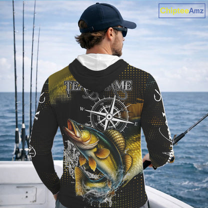 Custom Black and Yellow Walleye fishing scales compass Performance long sleeve Fishing Team Shirts NQS11726