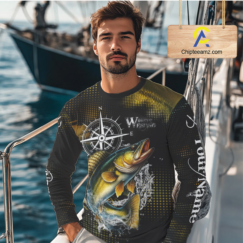 Custom Black and Yellow Walleye fishing scales compass Performance long sleeve Fishing Team Shirts NQS11726