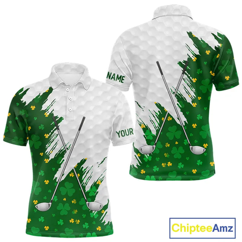 Green clover pattern St Patrick's day custom white Mens golf polo shirts, team mens golf tops NQS11421