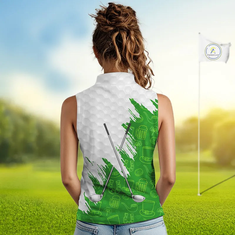 Green and White St Patrick's day pattern custom Women Sleeveless polos, team golf attire for ladies NQS11422