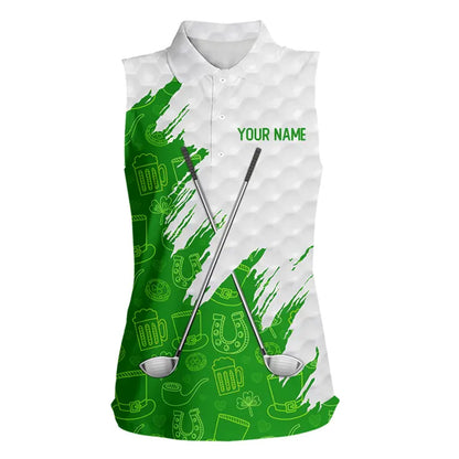 Green and White St Patrick's day pattern custom Women Sleeveless polos, team golf attire for ladies NQS11422