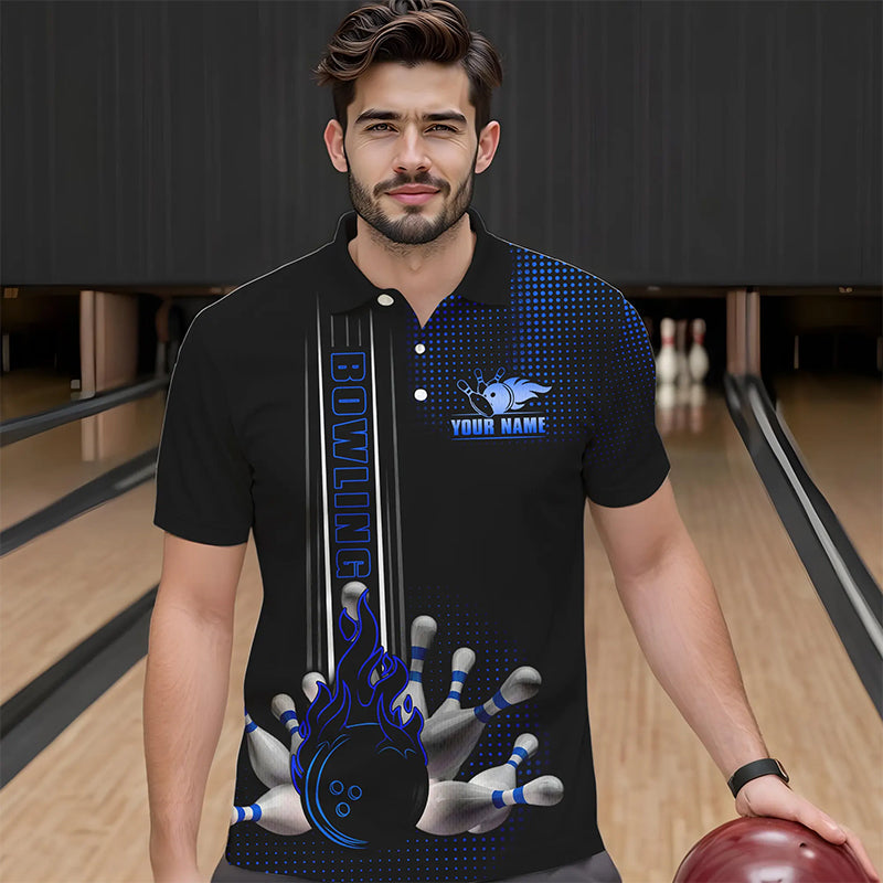 Personalized Black and Blue Flame Bowling Polo, Quarter Zip Shirts For Men Custom Bowling Team Jerseys NQS9497