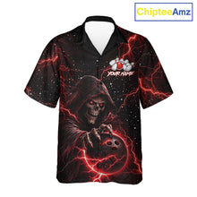 Load image into Gallery viewer, Custom Black And Red Lightning Thunder Skull Reaper Bowling Button-up Shirt, Hawaiian Bowling Jerseys NQS11623
