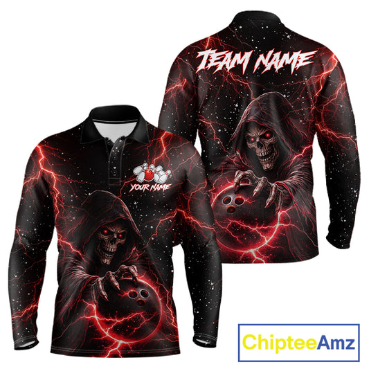 Custom Black And Red Lightning Thunder Skull Reaper Bowling Shirts For Men, Bowling Team Jerseys NQS11623