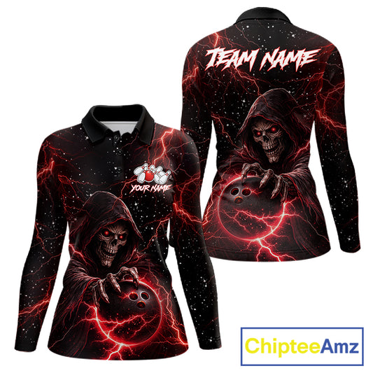 Custom Black And Red Lightning Thunder Skull Reaper Bowling Shirts For Women, Bowling Team Jerseys NQS11623