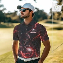 Load image into Gallery viewer, Custom Black And Red Lightning Thunder Skull Reaper Mens Golf Polo Shirt, men's golf apparel NQS11624