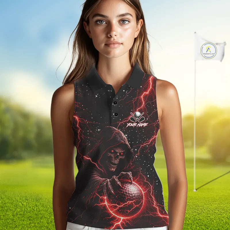 Custom Black And Red Lightning Thunder Skull Reaper Womens Sleeveless Golf Shirt, ladies golf apparel NQS11624