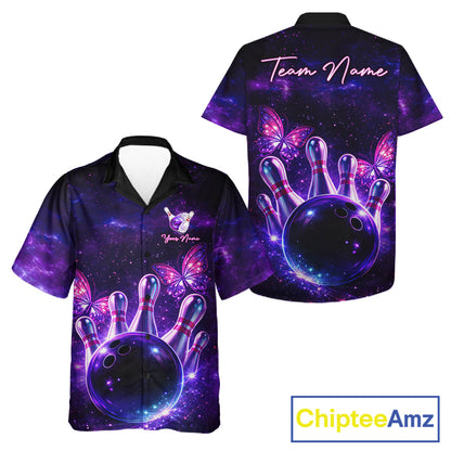 Custom Purple Galaxy Butterfly Bowling Button-up Shirt, Hawaiian Bowling Team Jersey With Butterflies NQS11627