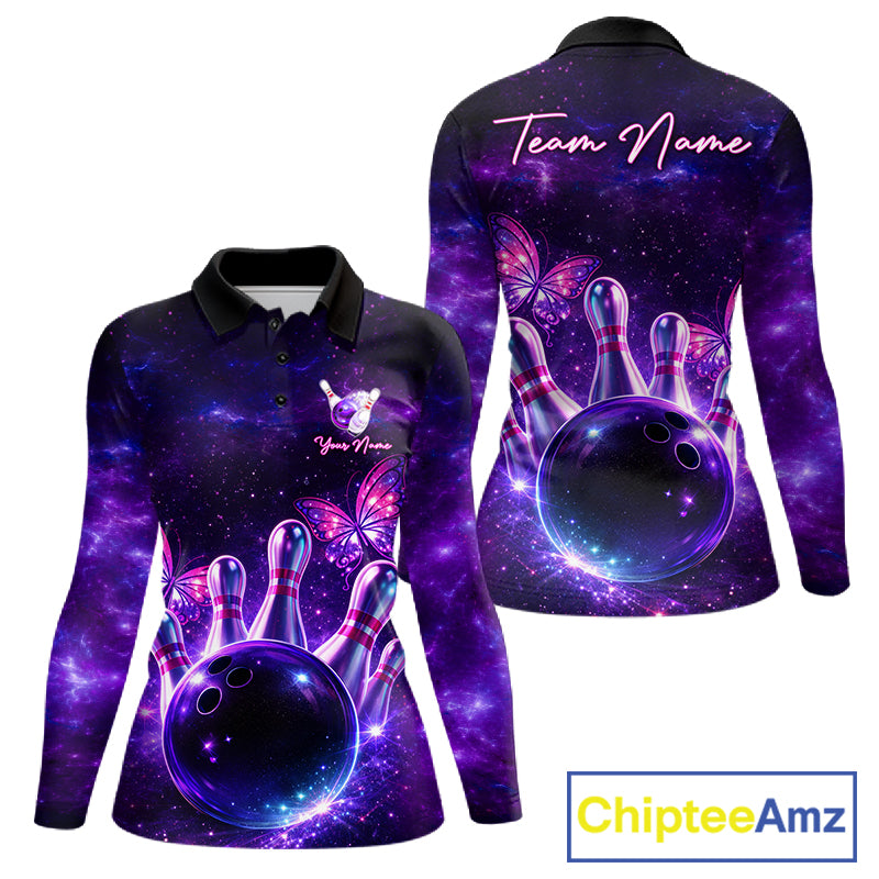 Custom Purple Galaxy Butterfly Bowling Shirts For Women, Bowling Team Shirt With Butterflies NQS11627