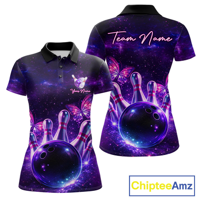 Custom Purple Galaxy Butterfly Bowling Shirts For Women, Bowling Team Shirt With Butterflies NQS11627