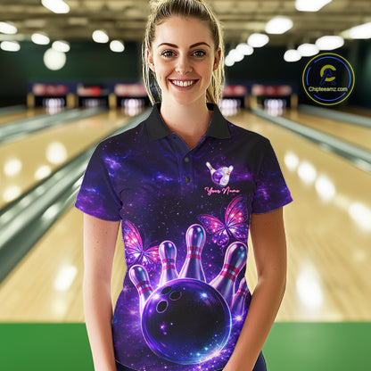 Custom Purple Galaxy Butterfly Bowling Shirts For Women, Bowling Team Shirt With Butterflies NQS11627