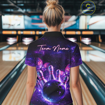 Custom Purple Galaxy Butterfly Bowling Shirts For Women, Bowling Team Shirt With Butterflies NQS11627