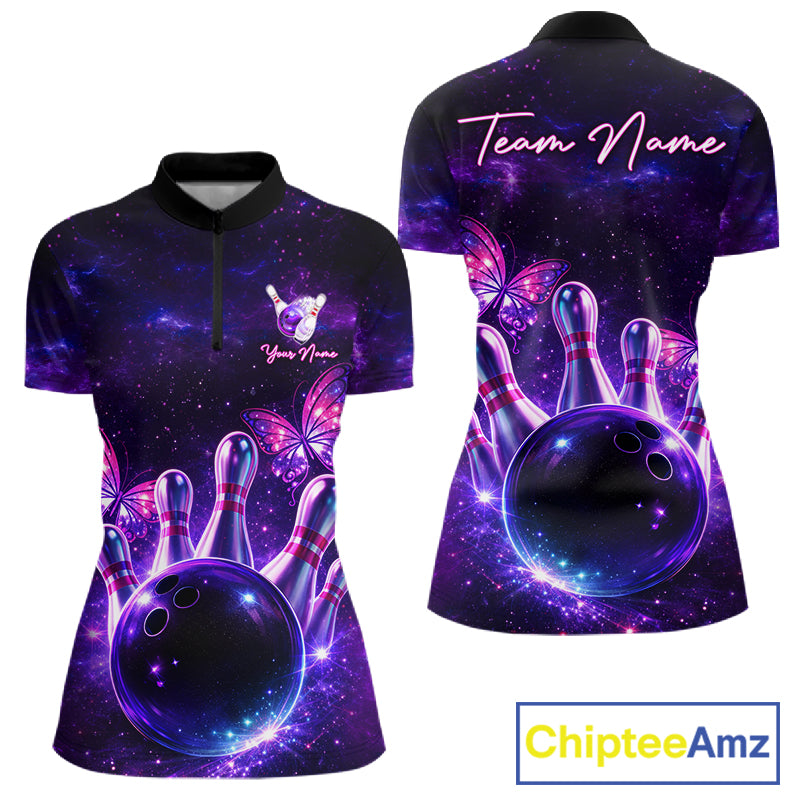 Custom Purple Galaxy Butterfly Bowling Shirts For Women, Bowling Team Shirt With Butterflies NQS11627