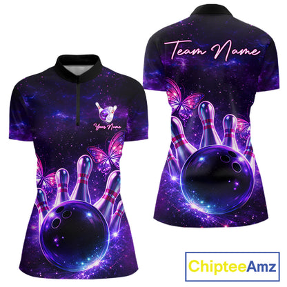 Custom Purple Galaxy Butterfly Bowling Shirts For Women, Bowling Team Shirt With Butterflies NQS11627