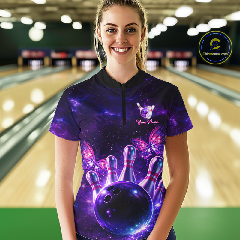 Custom Purple Galaxy Butterfly Bowling Shirts For Women, Bowling Team Shirt With Butterflies NQS11627