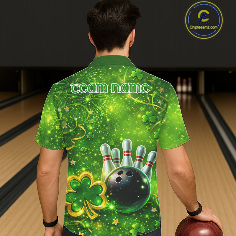 Happy St Patrick's Day Green and Gold Shamrock Bowling Button-up Shirts Custom Team Bowling Jersey NQS11630