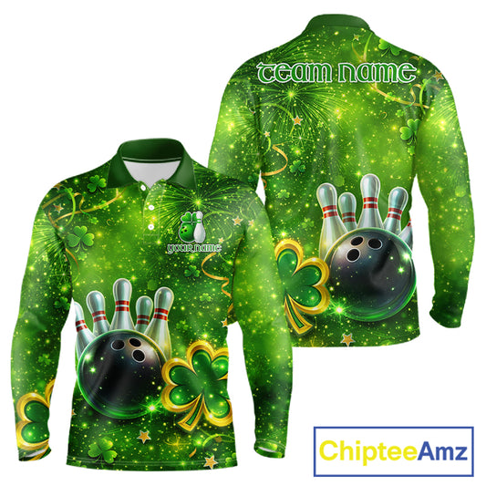 Happy St Patrick's Day Green and Gold Shamrock Bowling Shirts For Men Custom Team Bowling Jersey NQS11630