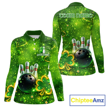 Happy St Patrick's Day Green and Gold Shamrock Bowling Shirts For Women Custom Team Bowling Jersey NQS11630