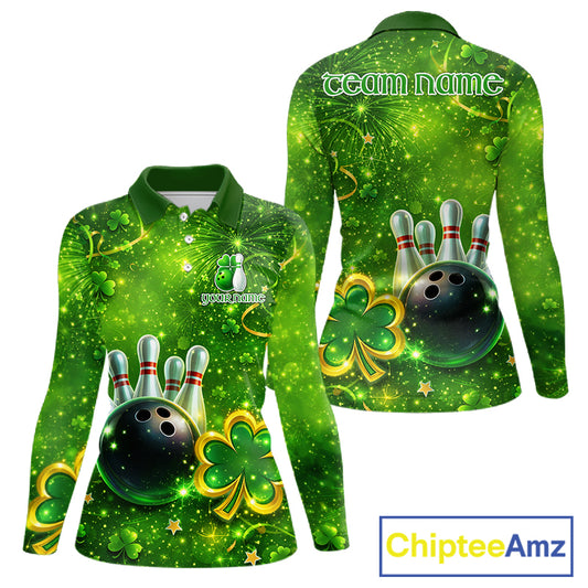 Happy St Patrick's Day Green and Gold Shamrock Bowling Shirts For Women Custom Team Bowling Jersey NQS11630