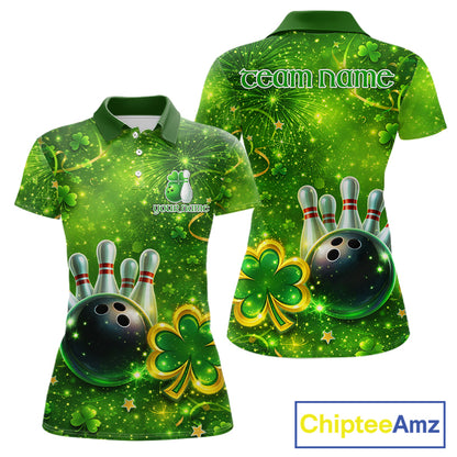 Happy St Patrick's Day Green and Gold Shamrock Bowling Shirts For Women Custom Team Bowling Jersey NQS11630