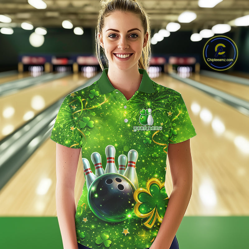 Happy St Patrick's Day Green and Gold Shamrock Bowling Shirts For Women Custom Team Bowling Jersey NQS11630