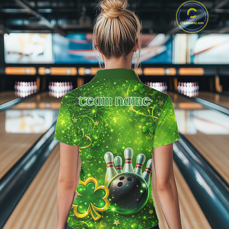 Happy St Patrick's Day Green and Gold Shamrock Bowling Shirts For Women Custom Team Bowling Jersey NQS11630