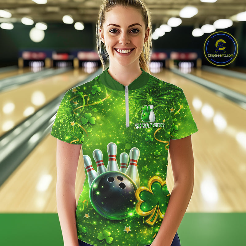 Happy St Patrick's Day Green and Gold Shamrock Bowling Shirts For Women Custom Team Bowling Jersey NQS11630