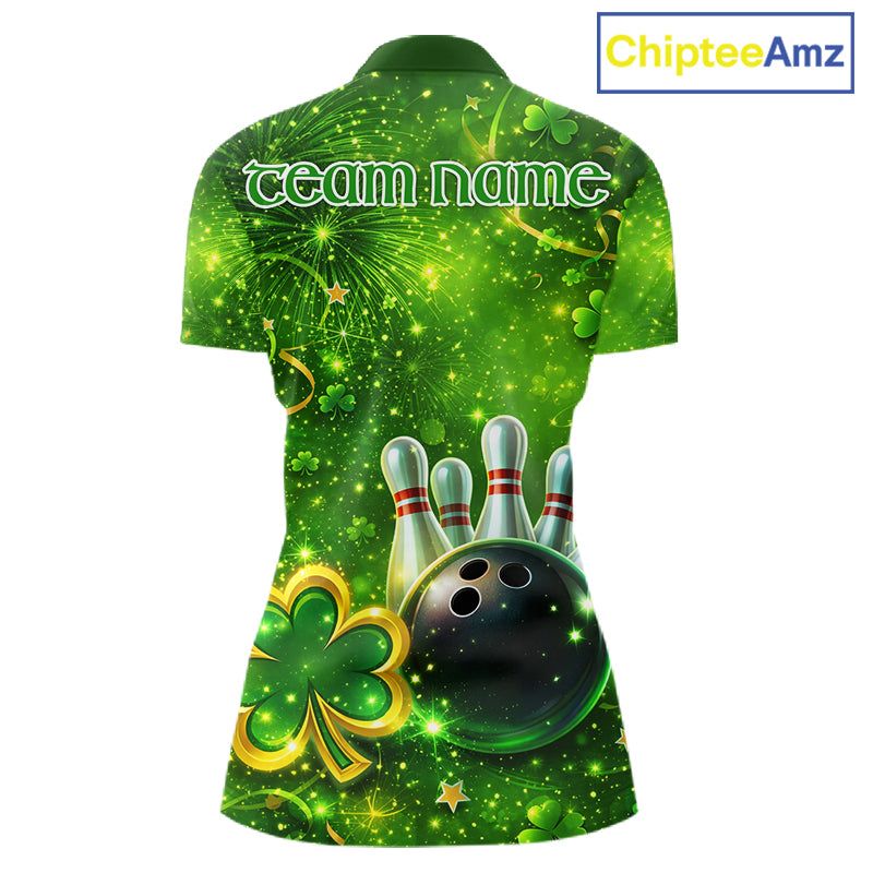 Happy St Patrick's Day Green and Gold Shamrock Bowling Shirts For Women Custom Team Bowling Jersey NQS11630