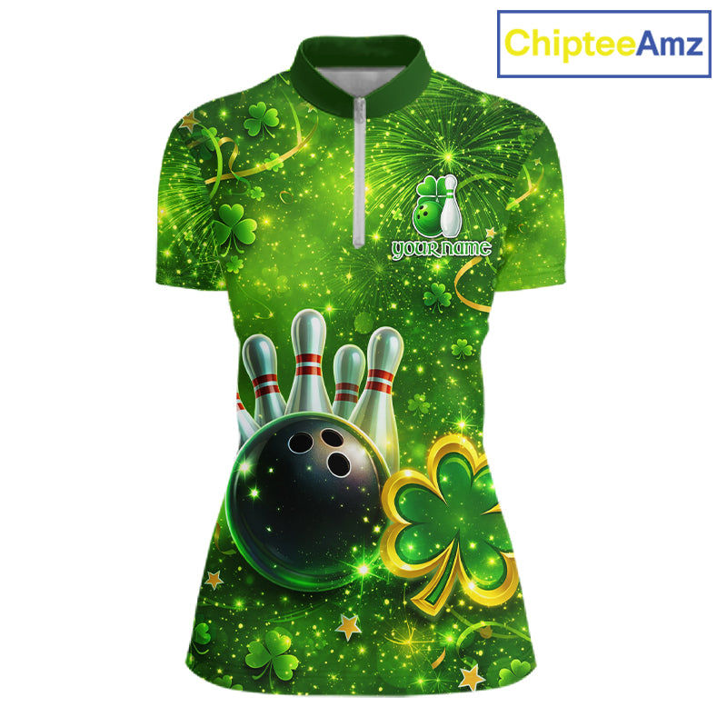 Happy St Patrick's Day Green and Gold Shamrock Bowling Shirts For Women Custom Team Bowling Jersey NQS11630