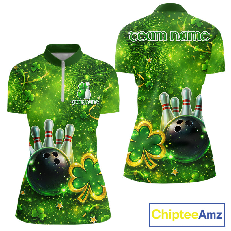 Happy St Patrick's Day Green and Gold Shamrock Bowling Shirts For Women Custom Team Bowling Jersey NQS11630
