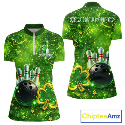 Happy St Patrick's Day Green and Gold Shamrock Bowling Shirts For Women Custom Team Bowling Jersey NQS11630