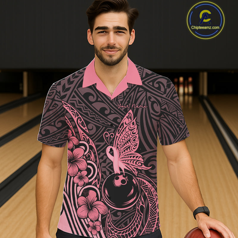 Black and Pink tropical tribal pattern butterfly Bowling Button-up Shirts Custom Bowling Team Jerseys NQS11731