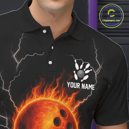 Custom Black and Orange Flame Lightning Bowling Polo, Quarter Zip Shirt For Men, Team Bowling Outfit NQS10855