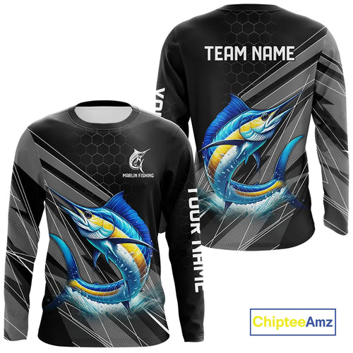 Personalized Black camo Marlin Fishing Jerseys, Marlin Long Sleeve Fishing Tournament Shirts NQS11035