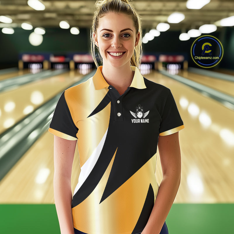 Black and Gold Bowling ball wings Bowling Polo, 1/4 Zip Shirts for Women Custom Bowling Team jersey NQS11043