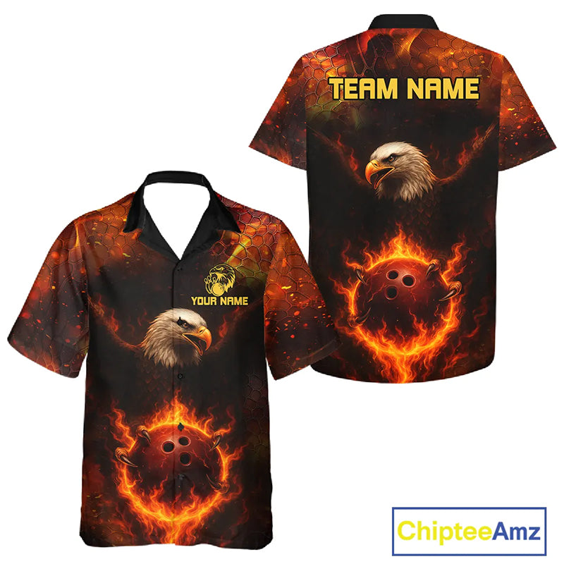 Personalized Flame Eagle Bowling Hawaiian Shirt Custom Team Eagle Bowling Button-up shirt NQS11236