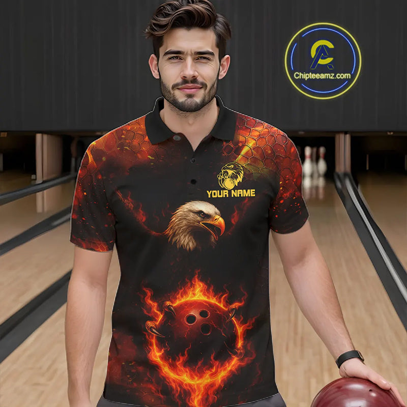 Personalized Flame Eagle Bowling Polo, Quarter Zip Shirts For Men Custom Team Eagle Bowling Jerseys NQS11236