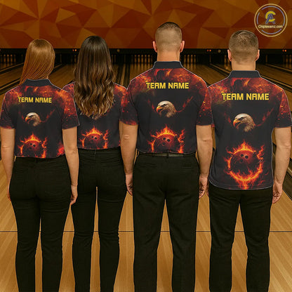 Personalized Flame Eagle Bowling Polo, Quarter Zip Shirts For Men Custom Team Eagle Bowling Jerseys NQS11236