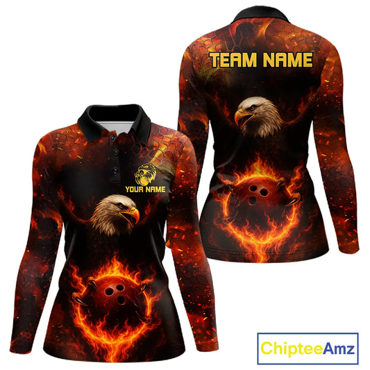 Personalized Flame Eagle Bowling Polo, Quarter Zip Shirts For Women Custom Team Eagle Bowling Jerseys NQS11236