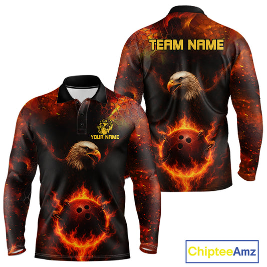 Personalized Flame Eagle Bowling Polo, Quarter Zip Shirts For Men Custom Team Eagle Bowling Jerseys NQS11236