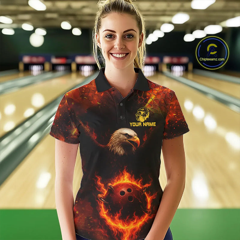 Personalized Flame Eagle Bowling Polo, Quarter Zip Shirts For Women Custom Team Eagle Bowling Jerseys NQS11236