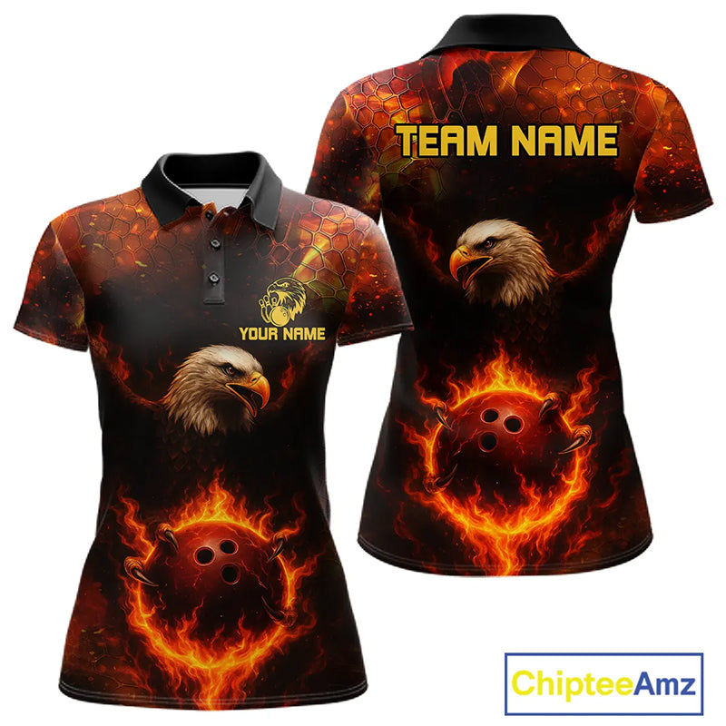 Personalized Flame Eagle Bowling Polo, Quarter Zip Shirts For Women Custom Team Eagle Bowling Jerseys NQS11236