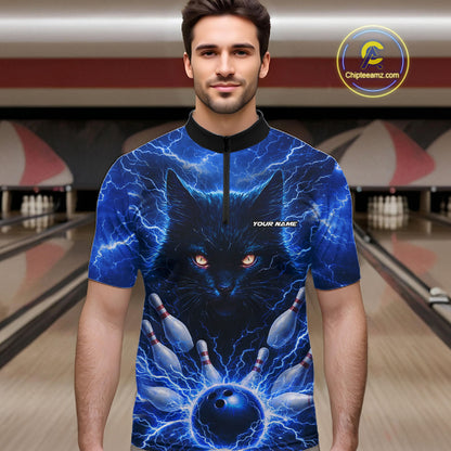 Blue Lightning Thunder Cat Bowling Jerseys for men custom Bowling Polo, 1/4 zip Team League Shirts NQS11428